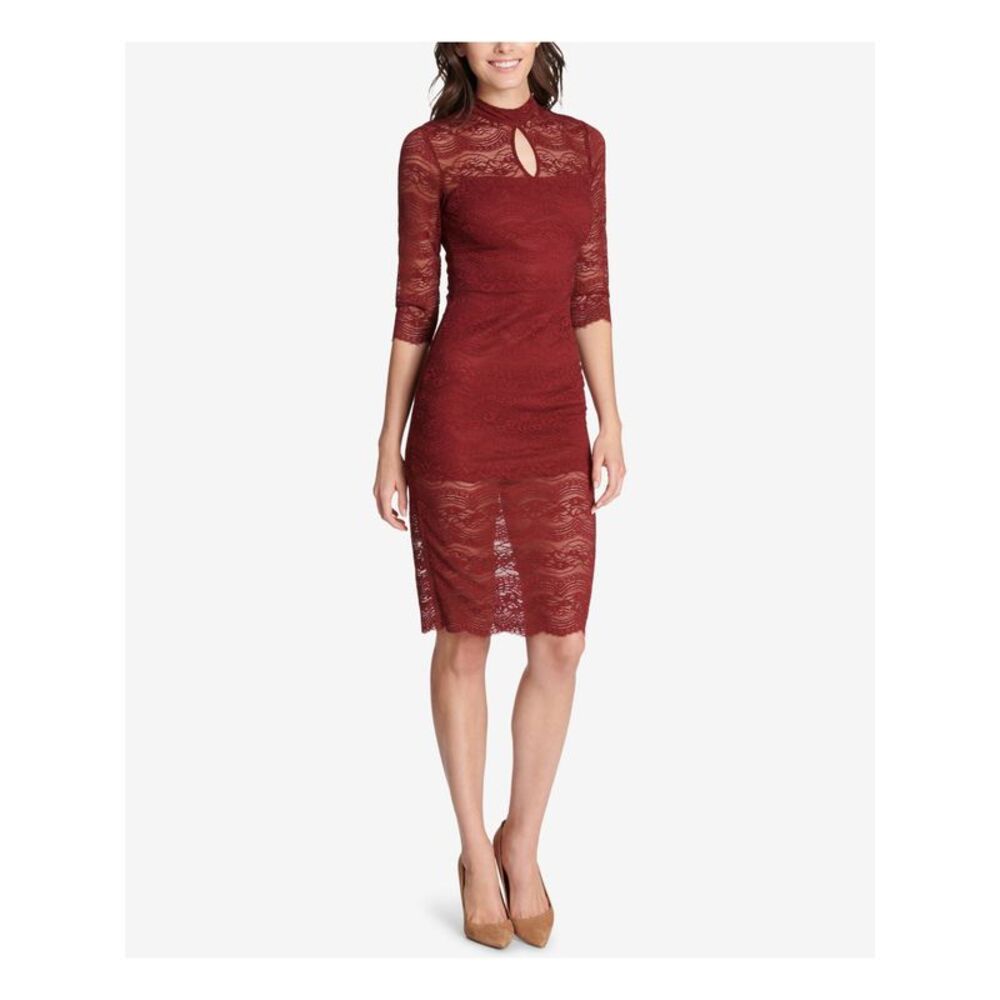KENSIE DRESSES Womens Maroon 3/4 Sleeve Below The Knee Party Body Con Dress 6
